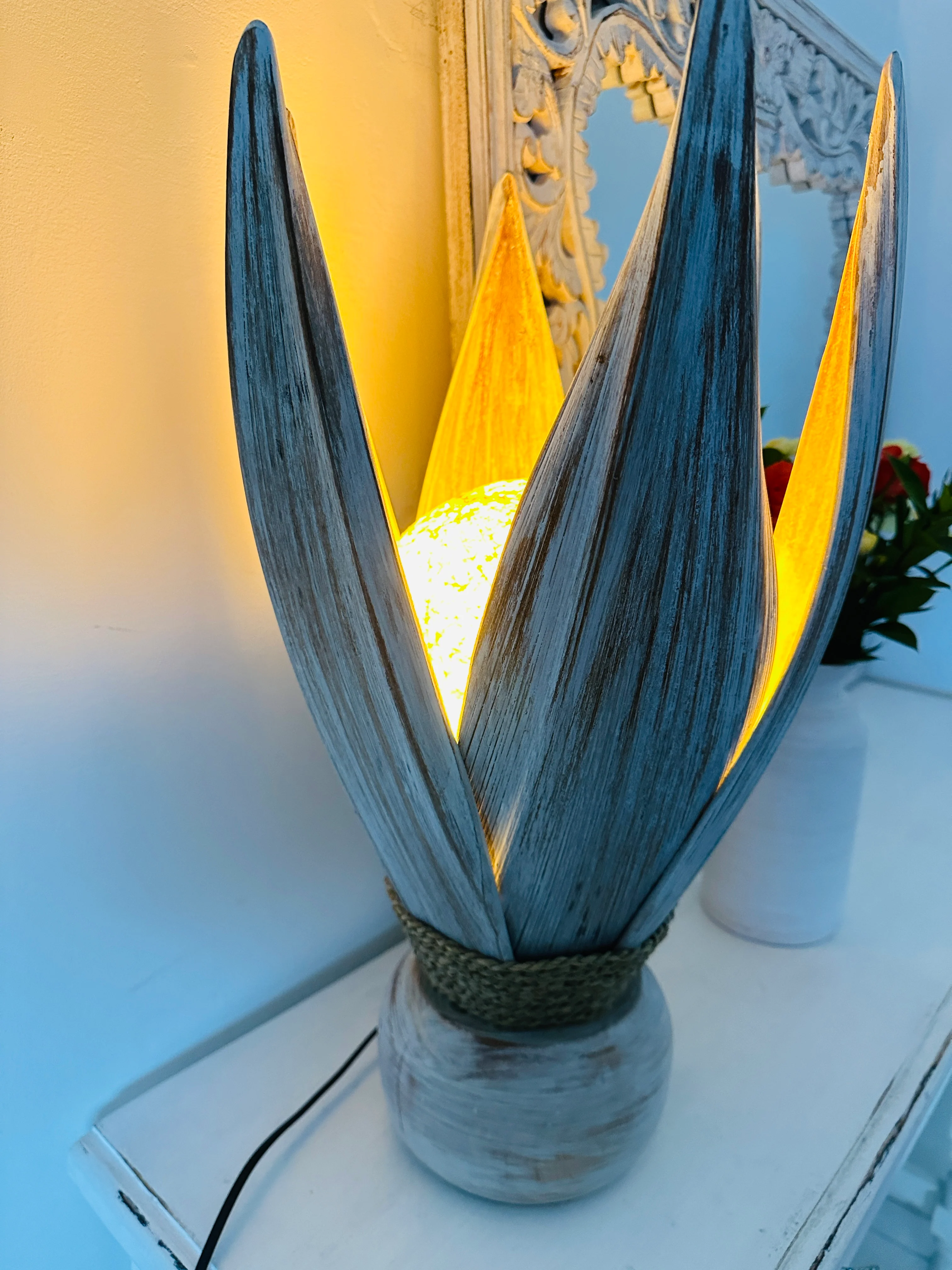 Coco Palm Lamp - Tall White Wash - Image 10