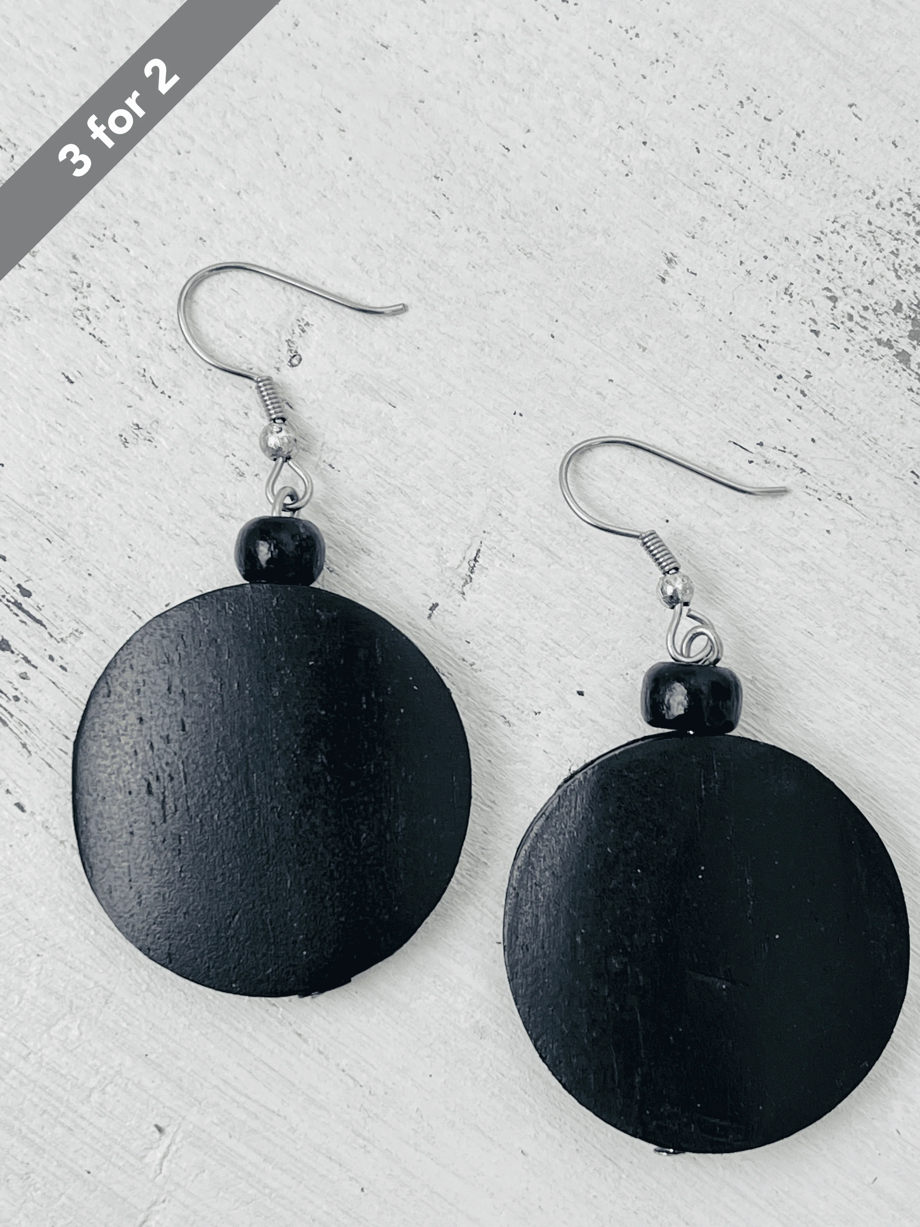 Wood Disc Earrings - Black - Image 2