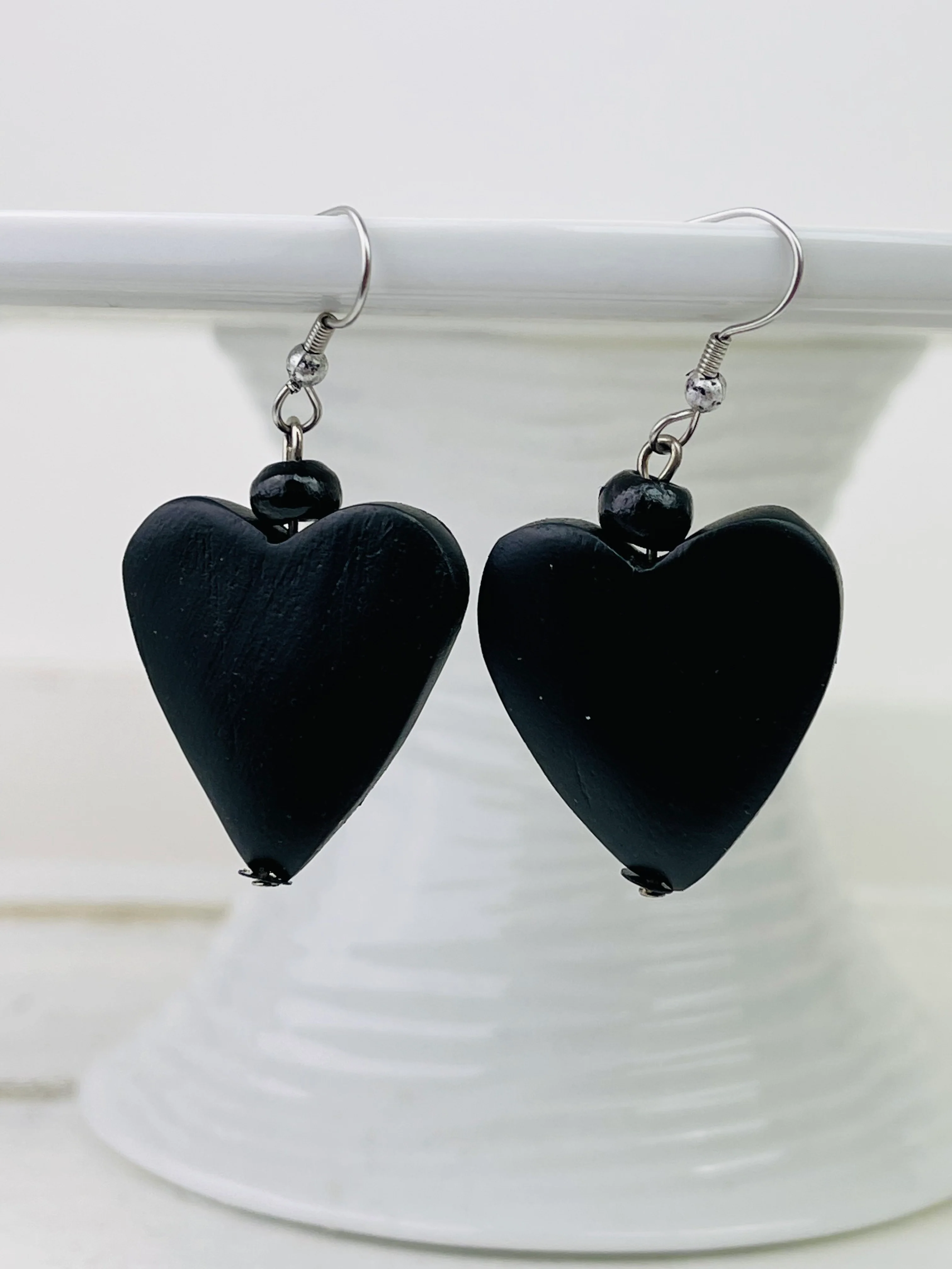 Wood Heart Earrings - Black - Image 3
