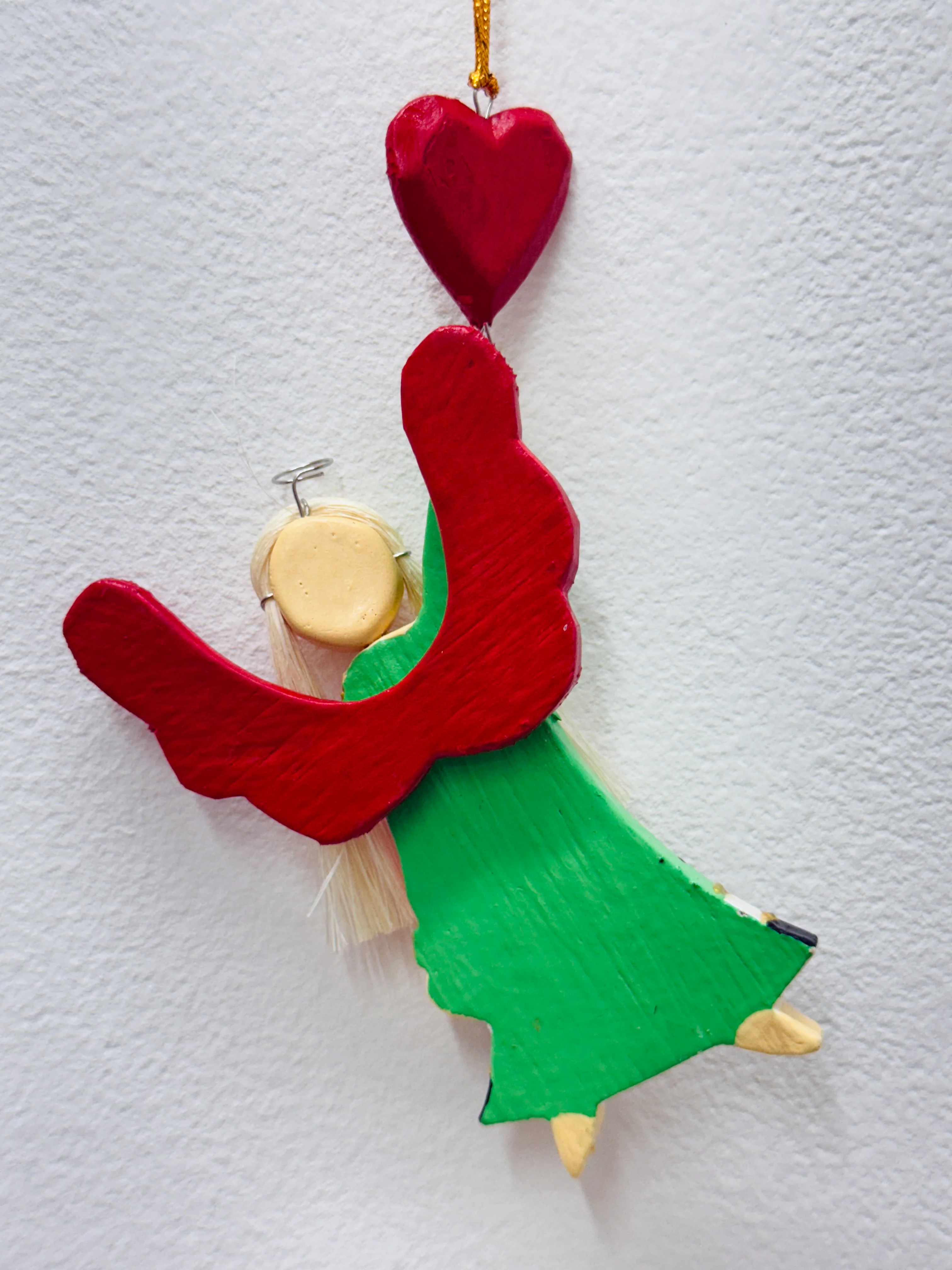 Wooden Hanging Angel - Pink & Green with Red Heart - Image 2